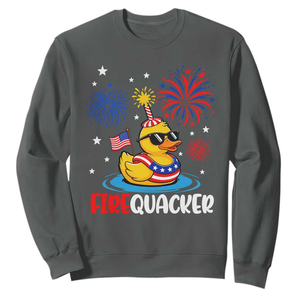 Firequacker Funny Patriotic Rubber Duck Sweatshirt Cool American Flag Sunglasses and Stars Swim Ring Summer Fireworks TS02 Dark Heather Print Your Wear