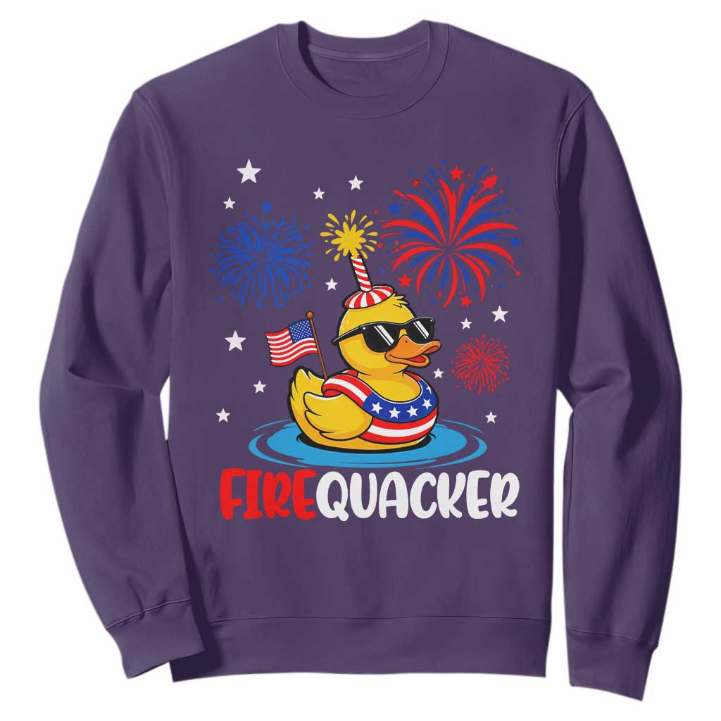Firequacker Funny Patriotic Rubber Duck Sweatshirt Cool American Flag Sunglasses and Stars Swim Ring Summer Fireworks TS02 Purple Print Your Wear