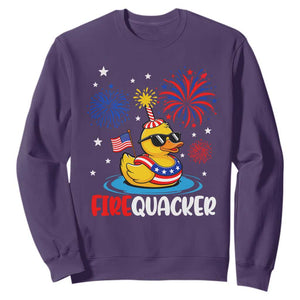 Firequacker Funny Patriotic Rubber Duck Sweatshirt Cool American Flag Sunglasses and Stars Swim Ring Summer Fireworks TS02 Purple Print Your Wear