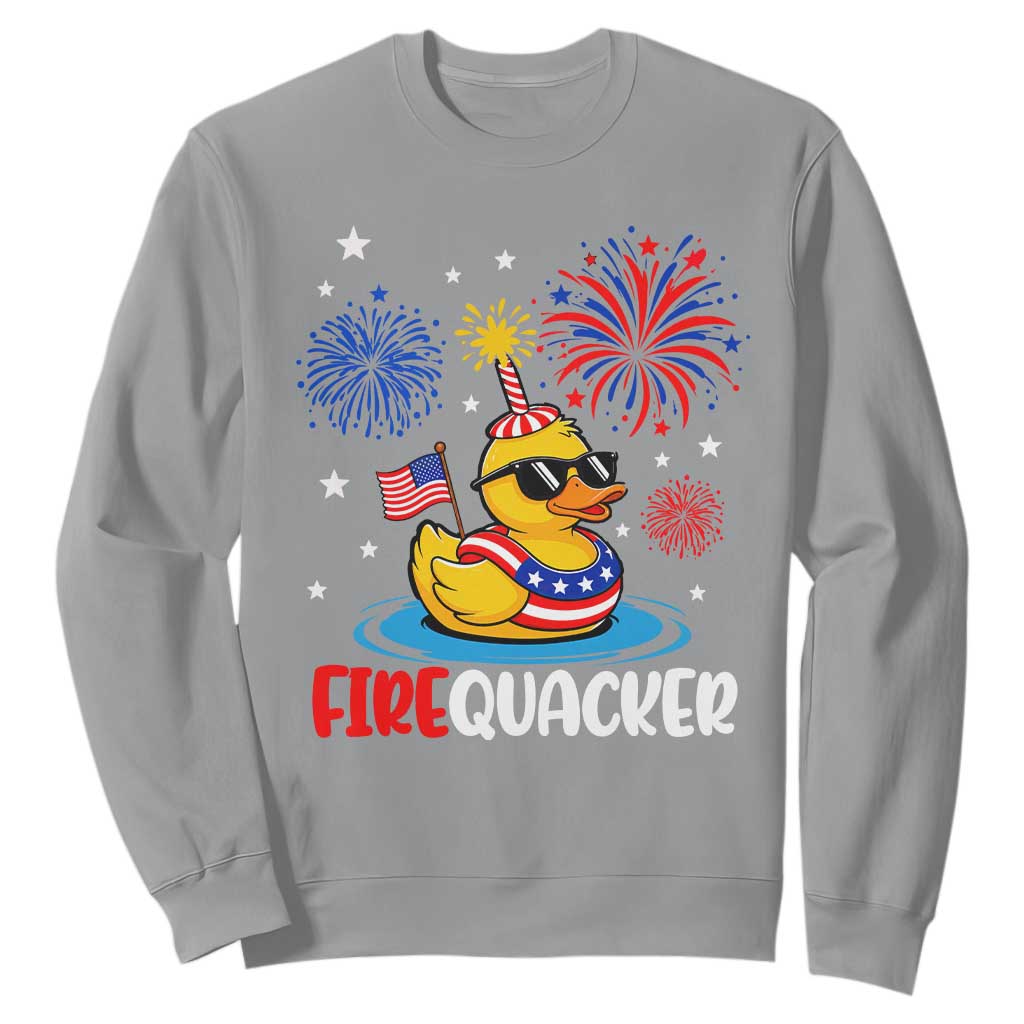 Firequacker Funny Patriotic Rubber Duck Sweatshirt Cool American Flag Sunglasses and Stars Swim Ring Summer Fireworks TS02 Sport Gray Print Your Wear