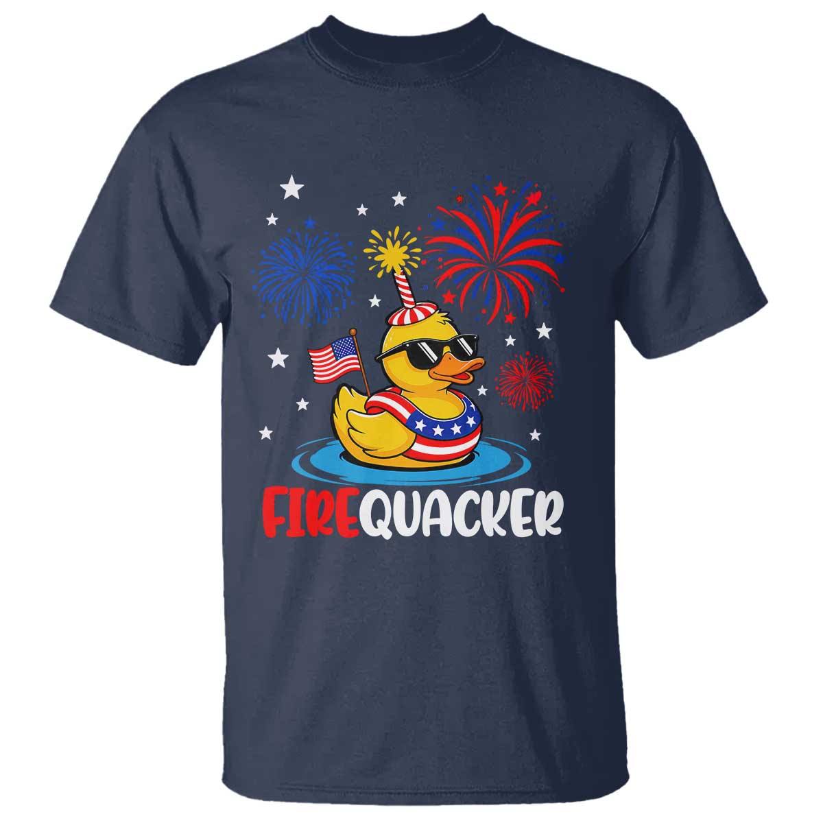 Firequacker Funny Patriotic Rubber Duck T Shirt Cool American Flag Sunglasses and Stars Swim Ring Summer Fireworks TS02 Navy Print Your Wear