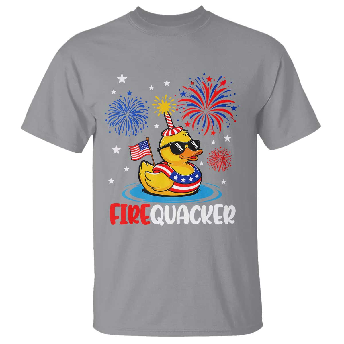 Firequacker Funny Patriotic Rubber Duck T Shirt Cool American Flag Sunglasses and Stars Swim Ring Summer Fireworks TS02 Sport Gray Print Your Wear