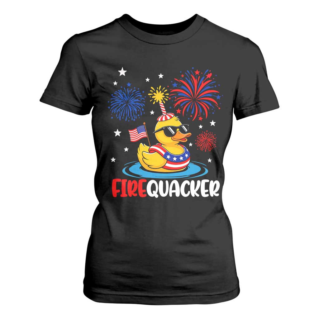 Firequacker Funny Patriotic Rubber Duck T Shirt For Women Cool American Flag Sunglasses and Stars Swim Ring Summer Fireworks TS02 Black Print Your Wear