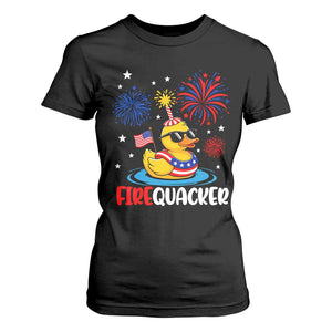 Firequacker Funny Patriotic Rubber Duck T Shirt For Women Cool American Flag Sunglasses and Stars Swim Ring Summer Fireworks TS02 Black Print Your Wear