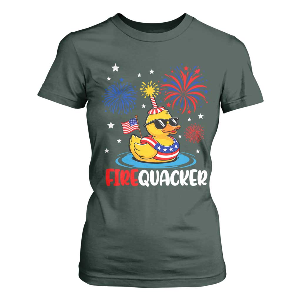 Firequacker Funny Patriotic Rubber Duck T Shirt For Women Cool American Flag Sunglasses and Stars Swim Ring Summer Fireworks TS02 Dark Forest Green Print Your Wear