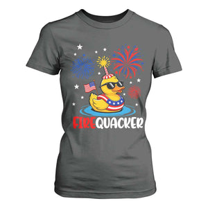 Firequacker Funny Patriotic Rubber Duck T Shirt For Women Cool American Flag Sunglasses and Stars Swim Ring Summer Fireworks TS02 Dark Heather Print Your Wear