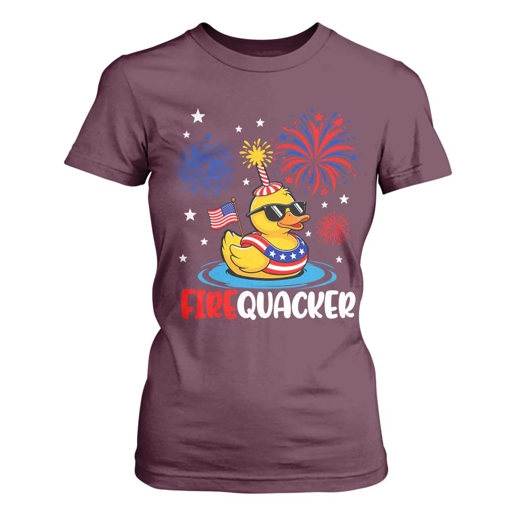 Firequacker Funny Patriotic Rubber Duck T Shirt For Women Cool American Flag Sunglasses and Stars Swim Ring Summer Fireworks TS02 Maroon Print Your Wear