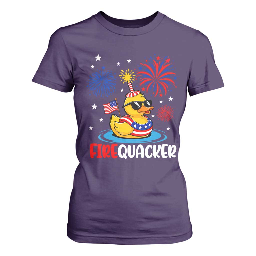 Firequacker Funny Patriotic Rubber Duck T Shirt For Women Cool American Flag Sunglasses and Stars Swim Ring Summer Fireworks TS02 Purple Print Your Wear