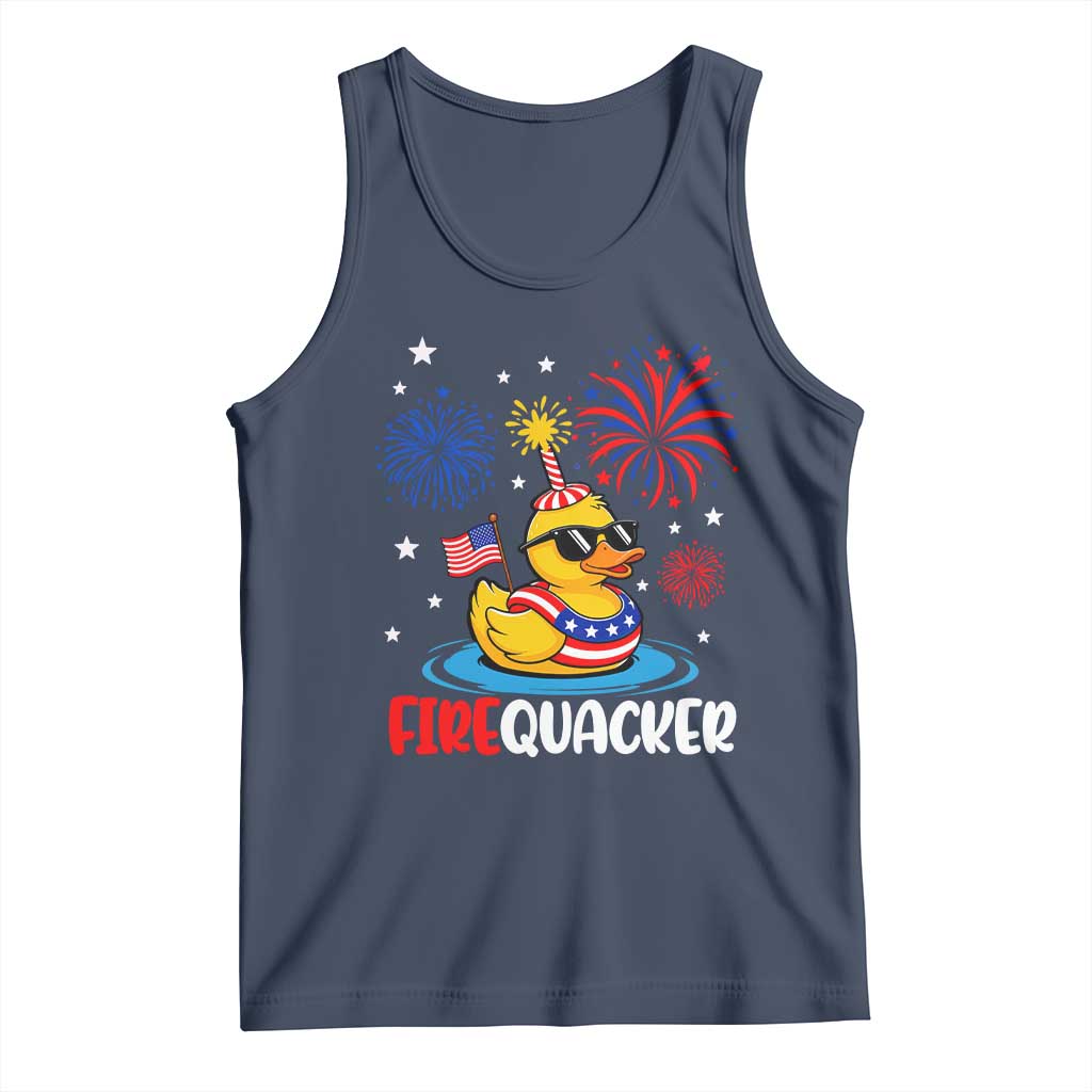 Firequacker Funny Patriotic Rubber Duck Tank Top Cool American Flag Sunglasses and Stars Swim Ring Summer Fireworks TS02 Navy Print Your Wear