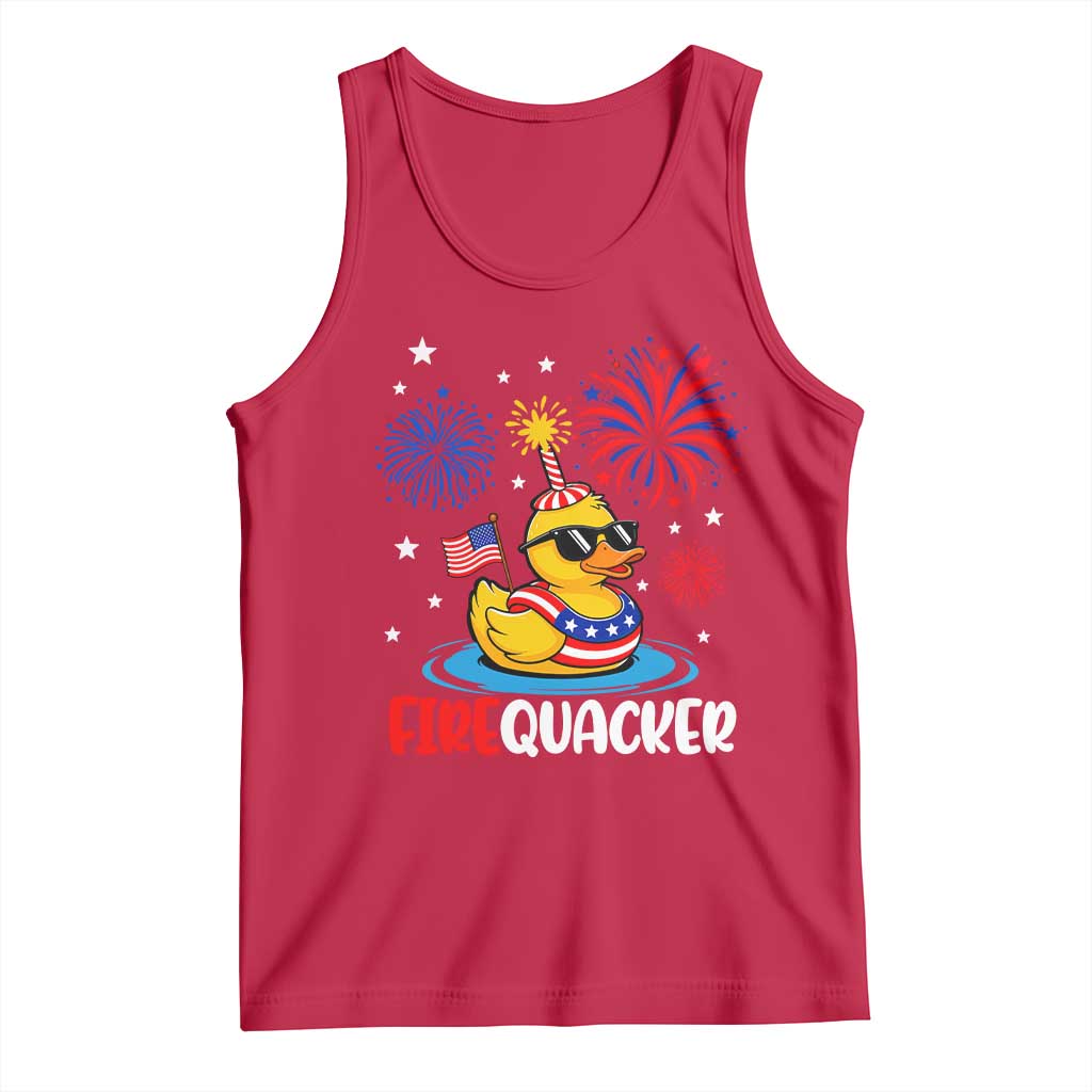 Firequacker Funny Patriotic Rubber Duck Tank Top Cool American Flag Sunglasses and Stars Swim Ring Summer Fireworks TS02 Red Print Your Wear