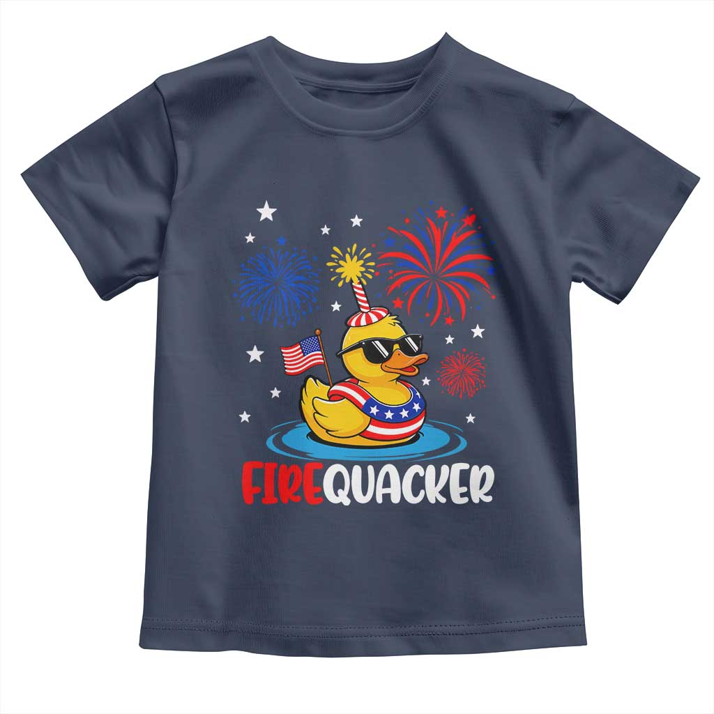 Firequacker Funny Patriotic Rubber Duck Toddler T Shirt Cool American Flag Sunglasses and Stars Swim Ring Summer Fireworks TS02 Navy Print Your Wear