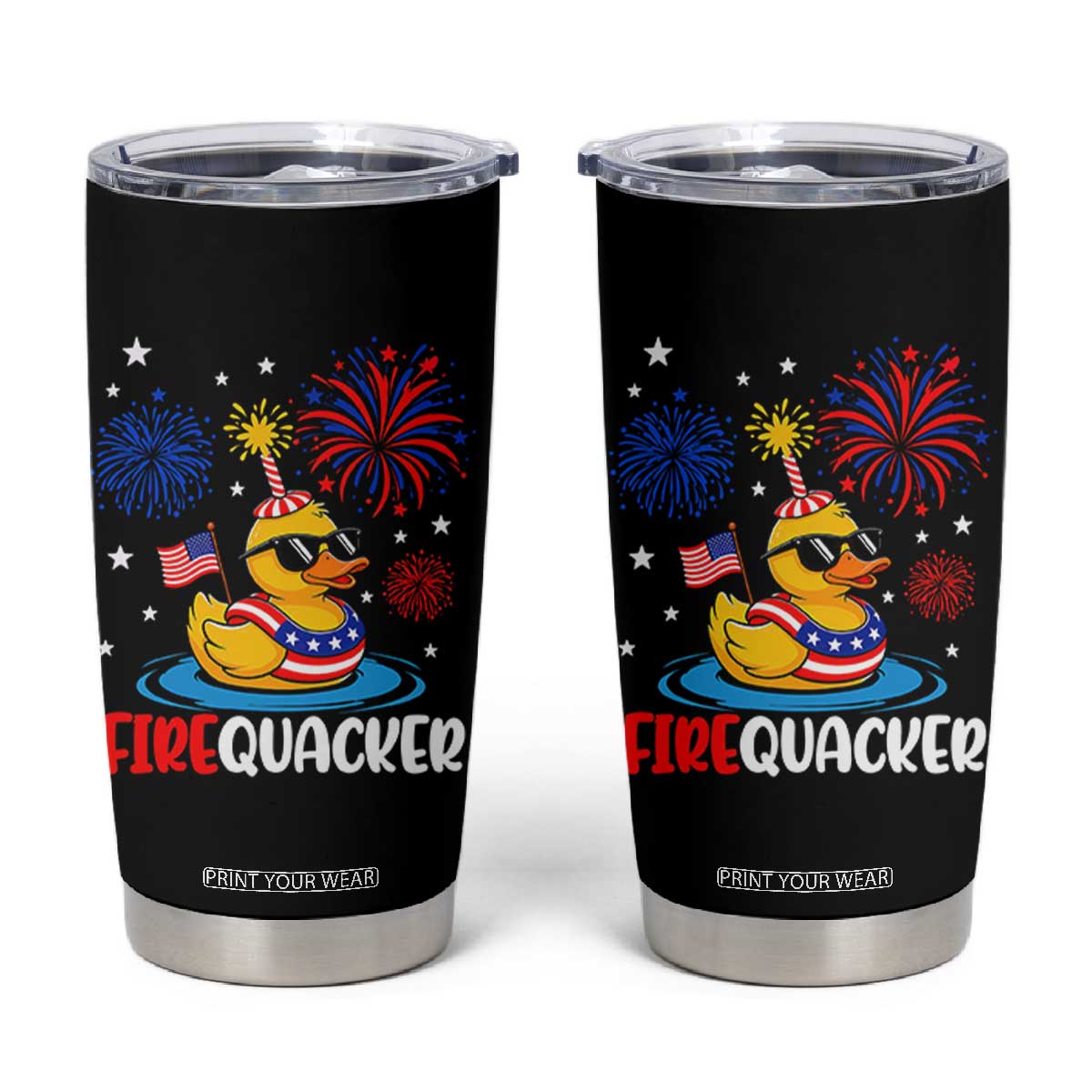 Firequacker Funny Patriotic Rubber Duck Tumbler Cup Cool American Flag Sunglasses and Stars Swim Ring Summer Fireworks TS02 Black Print Your Wear