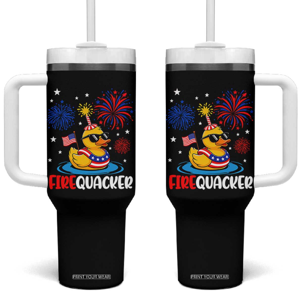 Firequacker Funny Patriotic Rubber Duck Tumbler With Handle Cool American Flag Sunglasses and Stars Swim Ring Summer Fireworks TS02 One Size: 40 oz Black Print Your Wear