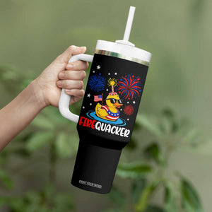 Firequacker Funny Patriotic Rubber Duck Tumbler With Handle Cool American Flag Sunglasses and Stars Swim Ring Summer Fireworks TS02 Print Your Wear