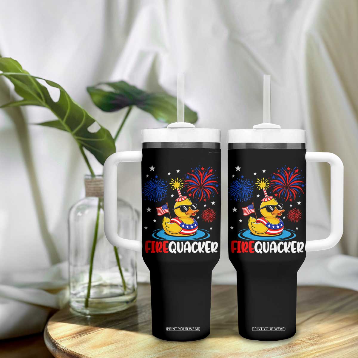 Firequacker Funny Patriotic Rubber Duck Tumbler With Handle Cool American Flag Sunglasses and Stars Swim Ring Summer Fireworks TS02 Print Your Wear