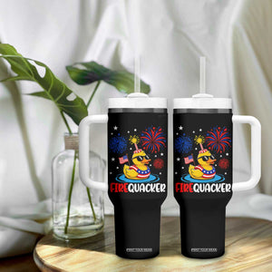 Firequacker Funny Patriotic Rubber Duck Tumbler With Handle Cool American Flag Sunglasses and Stars Swim Ring Summer Fireworks TS02 Print Your Wear