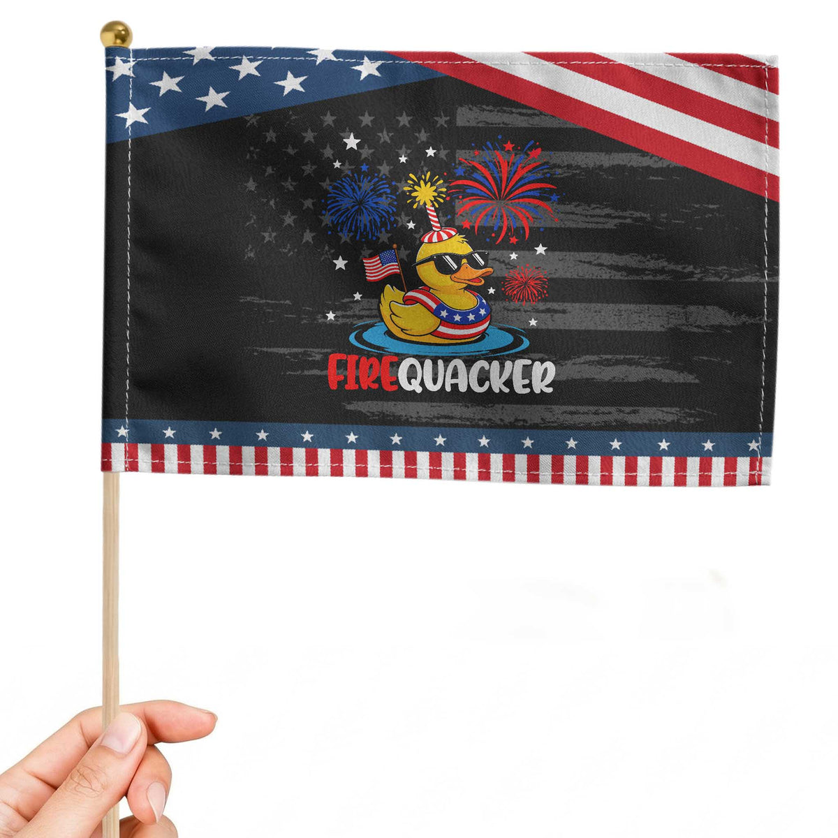 Firequacker Funny Rubber Duck Patriotic Handheld Flag Cool American Flag Sunglasses and Stars Swim Ring Summer Fireworks