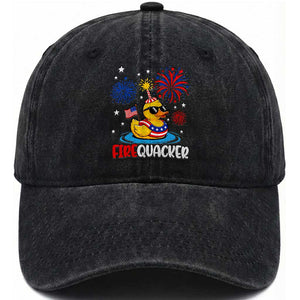 Firequacker Funny Patriotic Rubber Duck Washed Cotton Baseball Cap Cool American Flag Sunglasses and Stars Swim Ring Summer Fireworks TS02 Print Your Wear