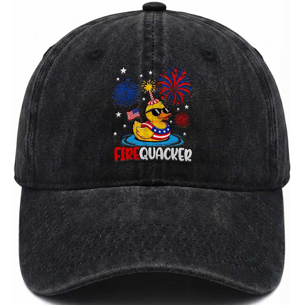 Firequacker Funny Patriotic Rubber Duck Washed Cotton Baseball Cap Cool American Flag Sunglasses and Stars Swim Ring Summer Fireworks TS02 Print Your Wear