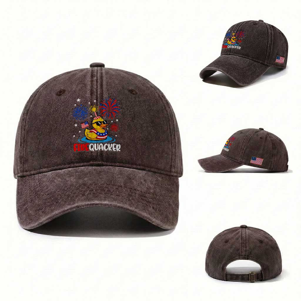 Firequacker Funny Patriotic Rubber Duck Washed Cotton Baseball Cap Cool American Flag Sunglasses and Stars Swim Ring Summer Fireworks TS02 Washed Cap Universal Fit Dark Brown Print Your Wear