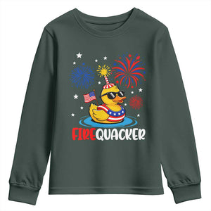 Firequacker Funny Patriotic Rubber Duck Youth Sweatshirt Cool American Flag Sunglasses and Stars Swim Ring Summer Fireworks TS02 Dark Forest Green Print Your Wear