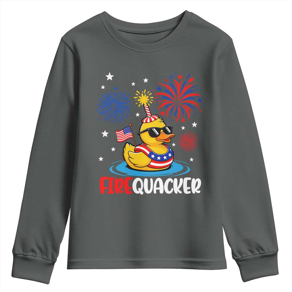 Firequacker Funny Patriotic Rubber Duck Youth Sweatshirt Cool American Flag Sunglasses and Stars Swim Ring Summer Fireworks TS02 Dark Heather Print Your Wear