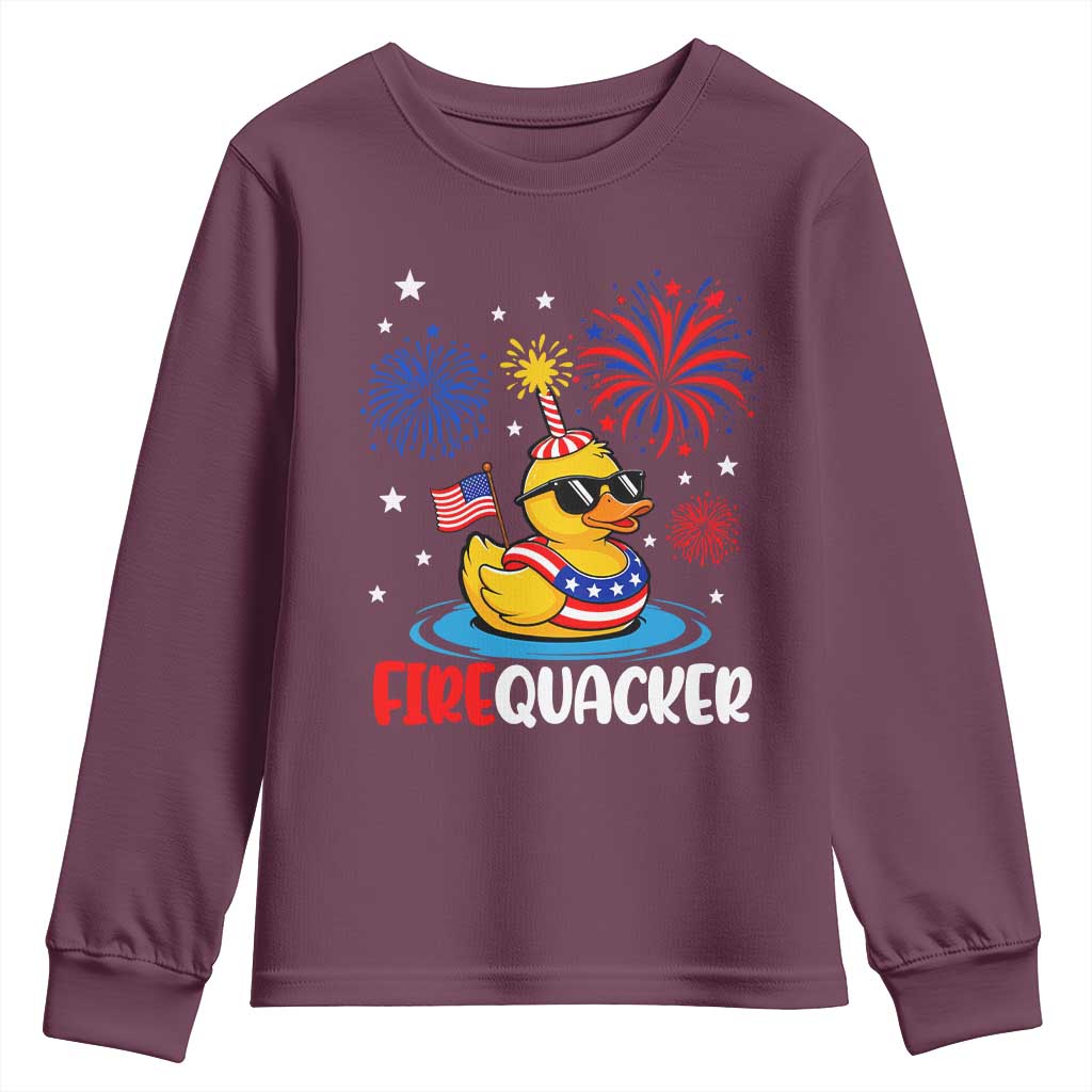 Firequacker Funny Patriotic Rubber Duck Youth Sweatshirt Cool American Flag Sunglasses and Stars Swim Ring Summer Fireworks TS02 Maroon Print Your Wear