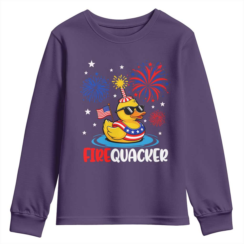 Firequacker Funny Patriotic Rubber Duck Youth Sweatshirt Cool American Flag Sunglasses and Stars Swim Ring Summer Fireworks TS02 Purple Print Your Wear