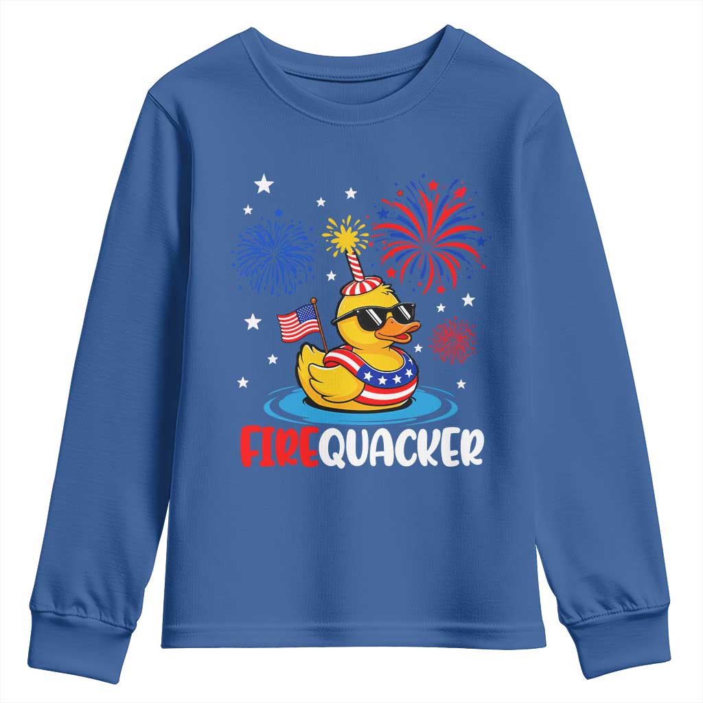 Firequacker Funny Patriotic Rubber Duck Youth Sweatshirt Cool American Flag Sunglasses and Stars Swim Ring Summer Fireworks TS02 Royal Blue Print Your Wear