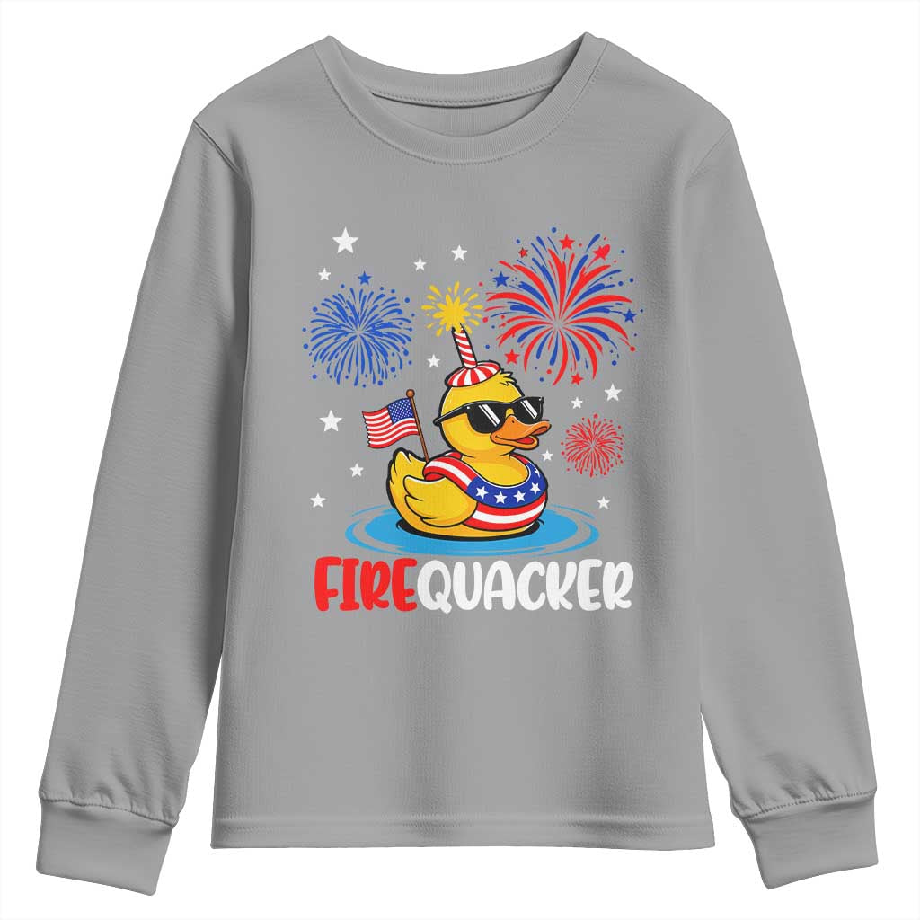 Firequacker Funny Patriotic Rubber Duck Youth Sweatshirt Cool American Flag Sunglasses and Stars Swim Ring Summer Fireworks TS02 Sport Gray Print Your Wear