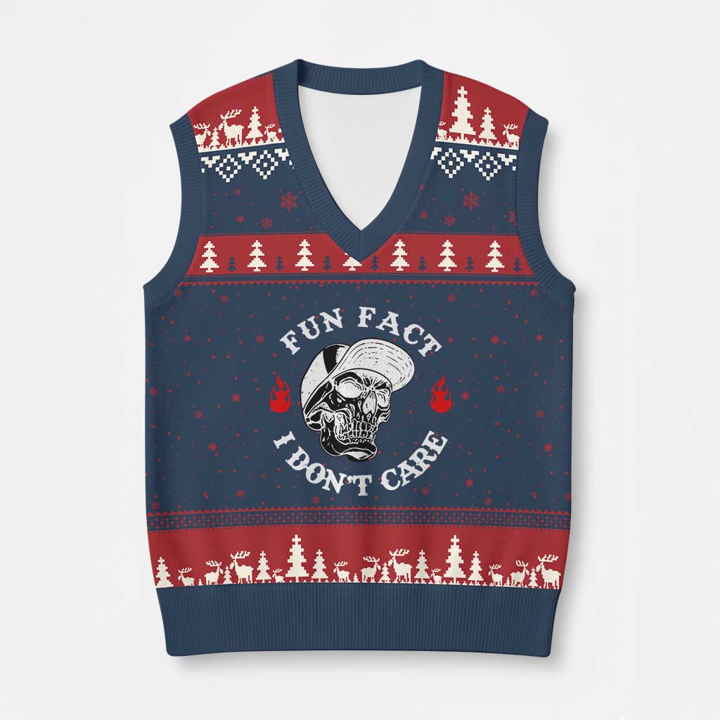 Fun Fact I Dont Care Skull V-Neck Knit Sweater Vest Edgy Sarcastic Attitude TS02 Navy Red Print Your Wear