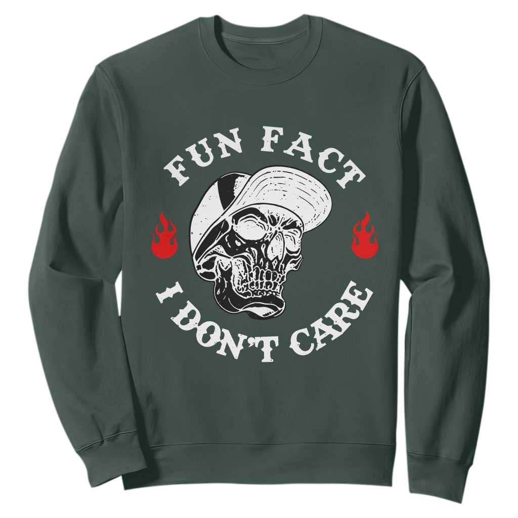 Fun Fact I Dont Care Skull Sweatshirt Edgy Sarcastic Attitude TS02 Dark Forest Green Print Your Wear
