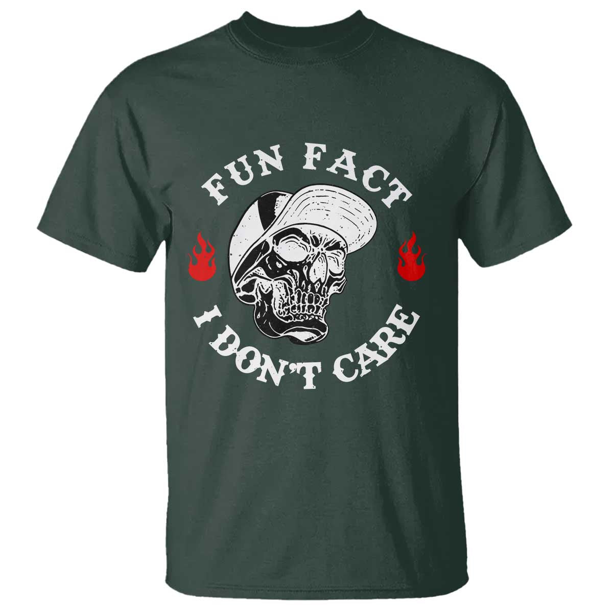 Fun Fact I Dont Care Skull T Shirt Edgy Sarcastic Attitude TS02 Dark Forest Green Print Your Wear