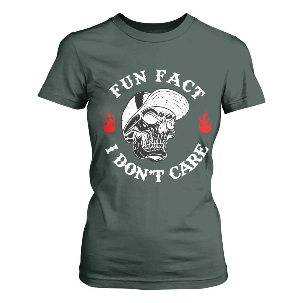 Fun Fact I Dont Care Skull T Shirt For Women Edgy Sarcastic Attitude TS02 Dark Forest Green Print Your Wear