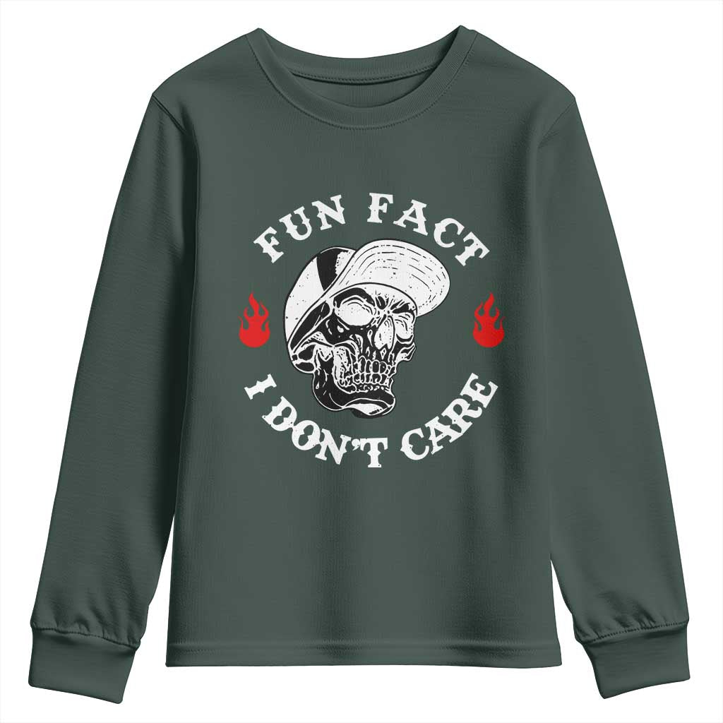 Fun Fact I Dont Care Skull Youth Sweatshirt Edgy Sarcastic Attitude TS02 Dark Forest Green Print Your Wear