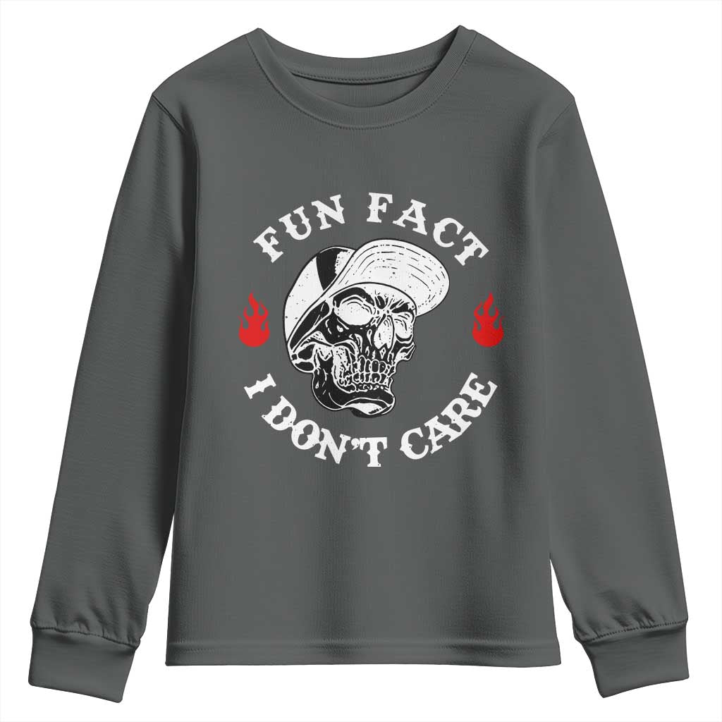 Fun Fact I Dont Care Skull Youth Sweatshirt Edgy Sarcastic Attitude TS02 Dark Heather Print Your Wear