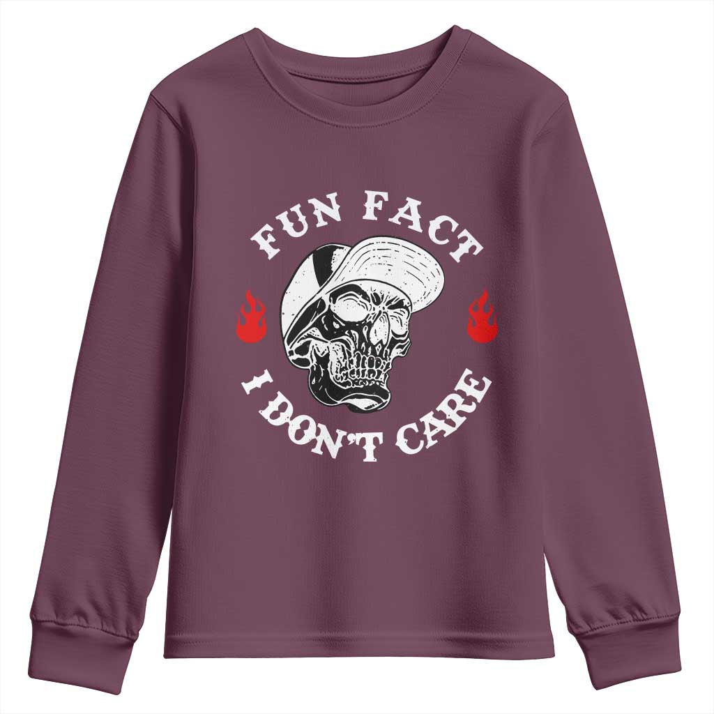 Fun Fact I Dont Care Skull Youth Sweatshirt Edgy Sarcastic Attitude TS02 Maroon Print Your Wear