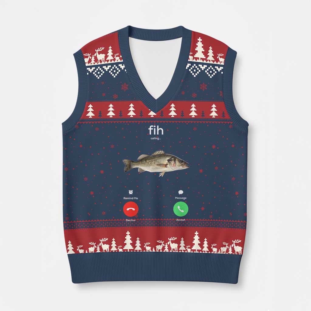 Fih Calling Funny Fish V-Neck Knit Sweater Vest Fishing Lover Hilarious Phone Call Parody TS02 Navy Red Print Your Wear