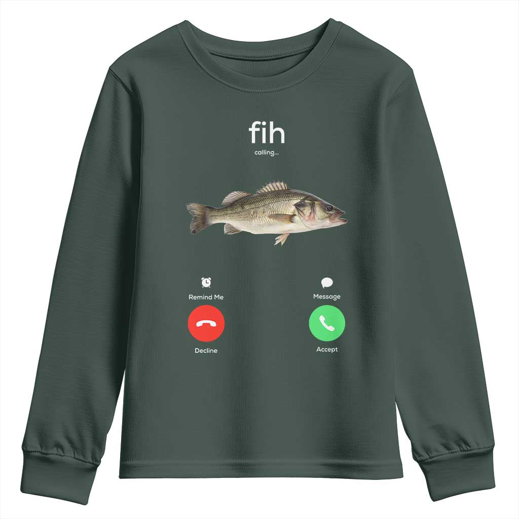 Fih Calling Funny Fish Youth Sweatshirt Fishing Lover Hilarious Phone Call Parody TS02 Dark Forest Green Print Your Wear