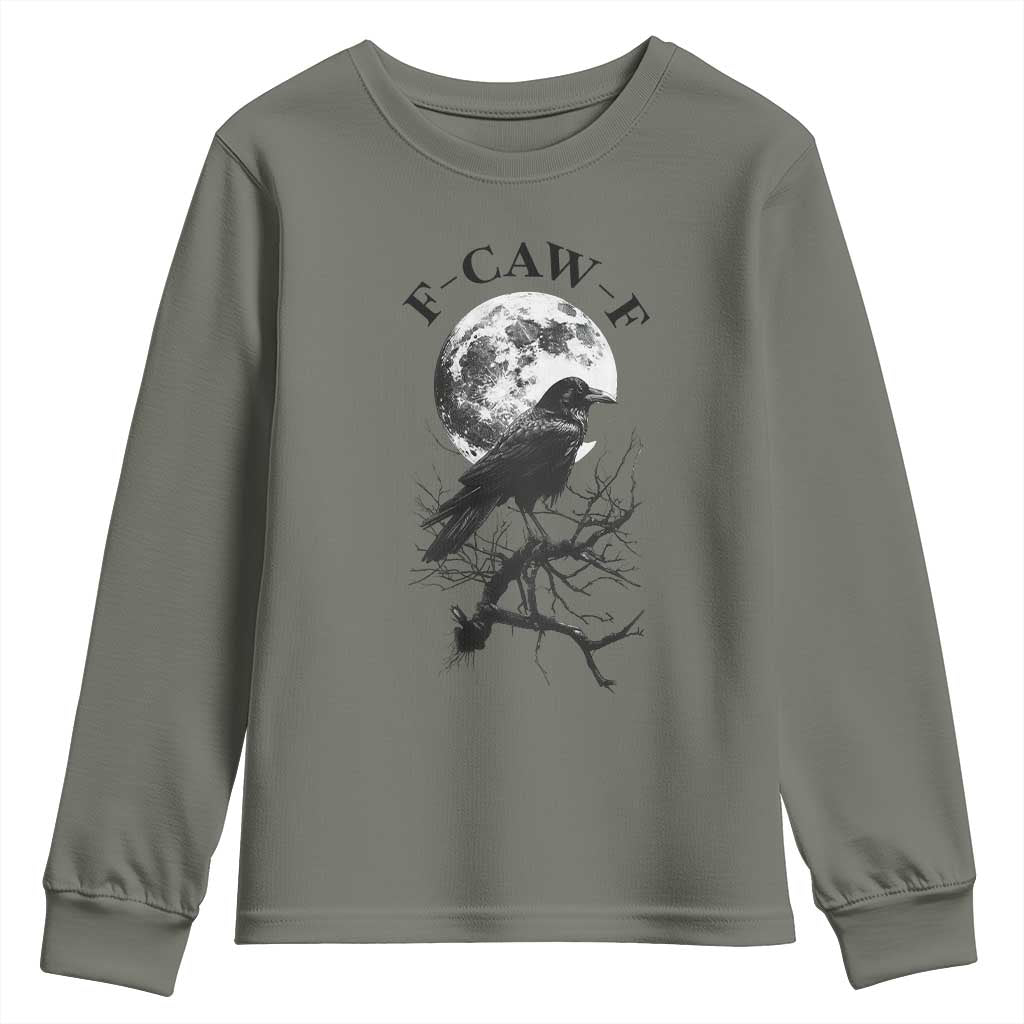 Funny Crow F Caw F Youth Sweatshirt Gothic Raven and Moon TS02 Military Green Print Your Wear