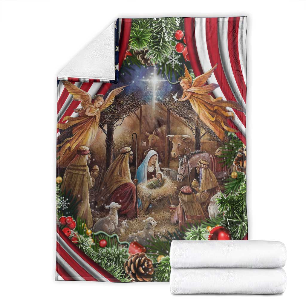Patriotic Nativity Scene Throw Blanket American Flag Christian Christmas Baby Jesus and Angels Under the Star TS02 Christmas Print Your Wear