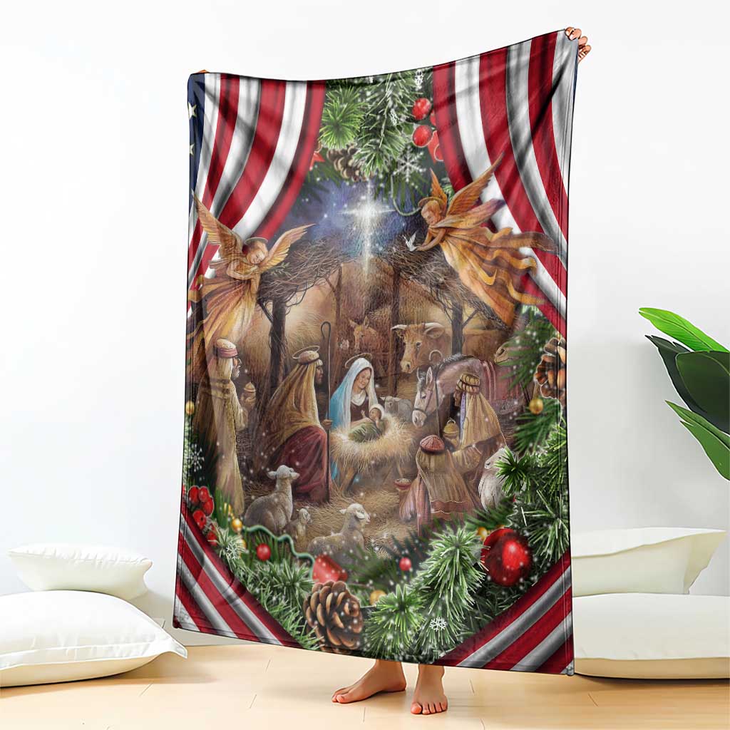 Patriotic Nativity Scene Throw Blanket American Flag Christian Christmas Baby Jesus and Angels Under the Star TS02 Print Your Wear