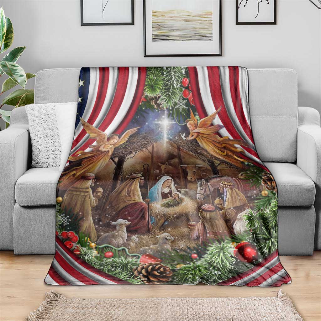 Patriotic Nativity Scene Throw Blanket American Flag Christian Christmas Baby Jesus and Angels Under the Star TS02 Print Your Wear