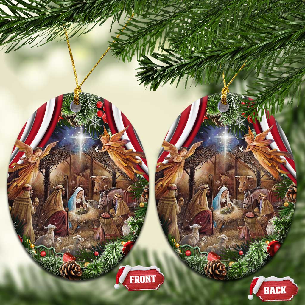 Patriotic Nativity Scene Christmas Ceramic Ornament American Flag Christian Christmas Baby Jesus and Angels Under the Star TS02 Oval Christmas Print Your Wear