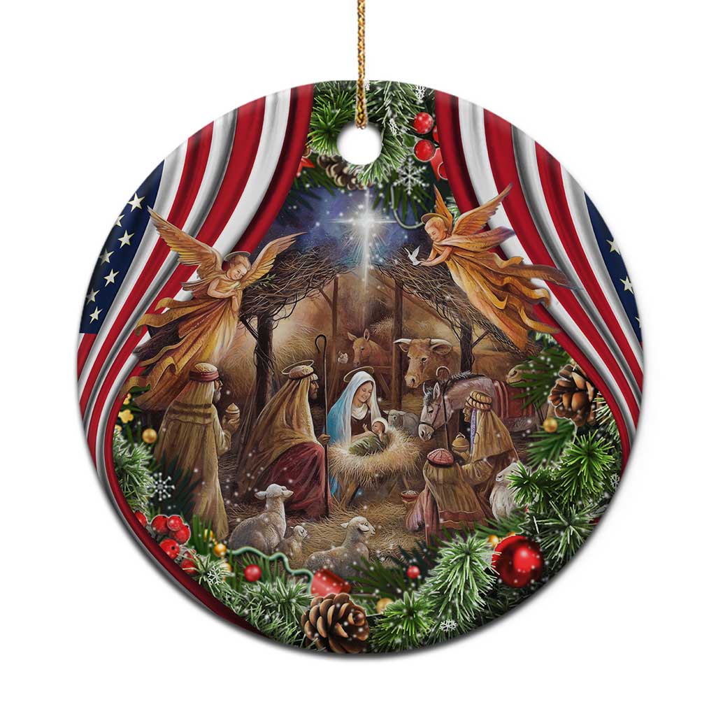 Patriotic Nativity Scene Christmas Ceramic Ornament American Flag Christian Christmas Baby Jesus and Angels Under the Star TS02 Print Your Wear