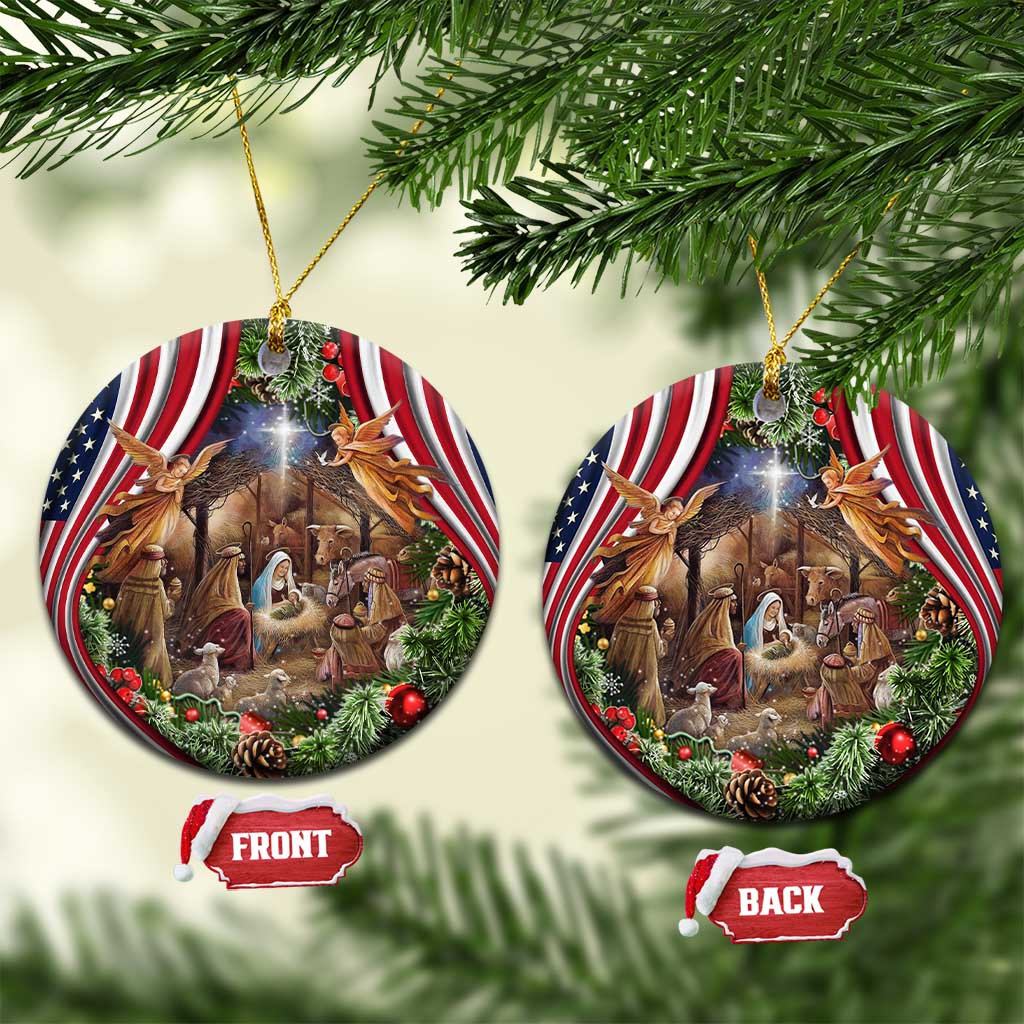 Patriotic Nativity Scene Christmas Ceramic Ornament American Flag Christian Christmas Baby Jesus and Angels Under the Star TS02 Circle Christmas Print Your Wear
