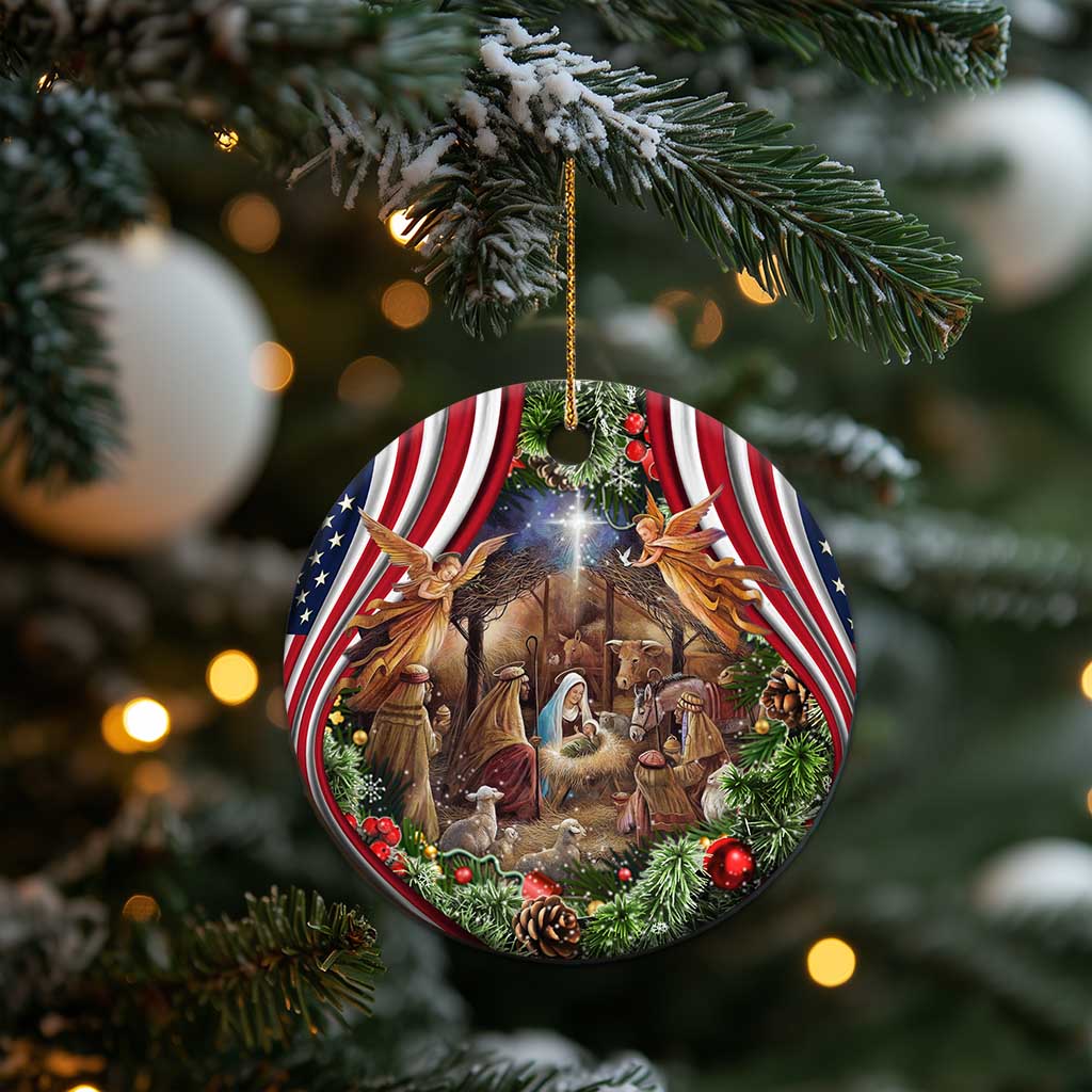Patriotic Nativity Scene Christmas Ceramic Ornament American Flag Christian Christmas Baby Jesus and Angels Under the Star TS02 Print Your Wear