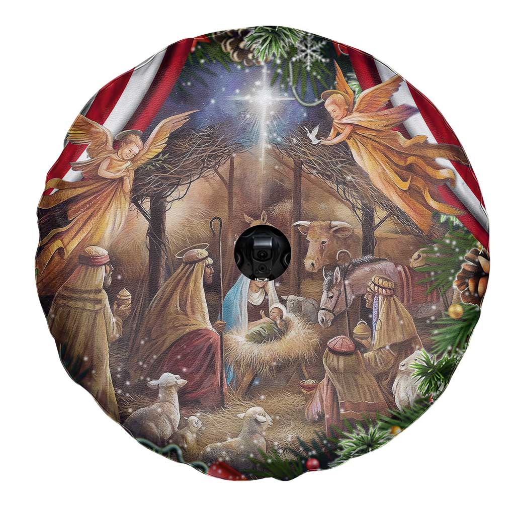 Patriotic Nativity Scene Spare Tire Cover American Flag Christian Christmas Baby Jesus and Angels Under the Star TS02 Print Your Wear