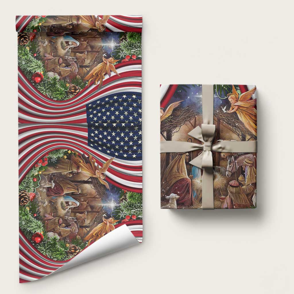 Patriotic Nativity Scene Wrapping Paper Roll American Flag Christian Christmas Baby Jesus and Angels Under the Star TS02 Matte Christmas Print Your Wear