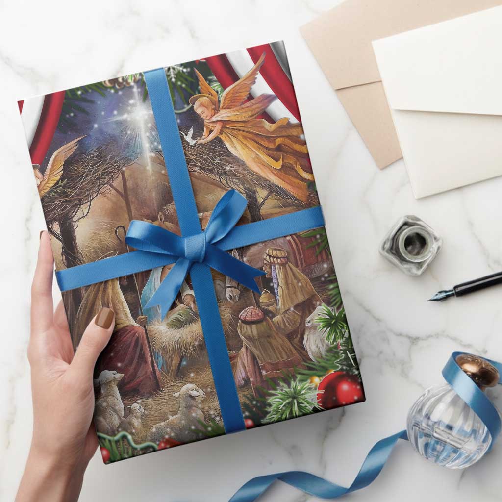 Patriotic Nativity Scene Wrapping Paper Roll American Flag Christian Christmas Baby Jesus and Angels Under the Star TS02 Print Your Wear